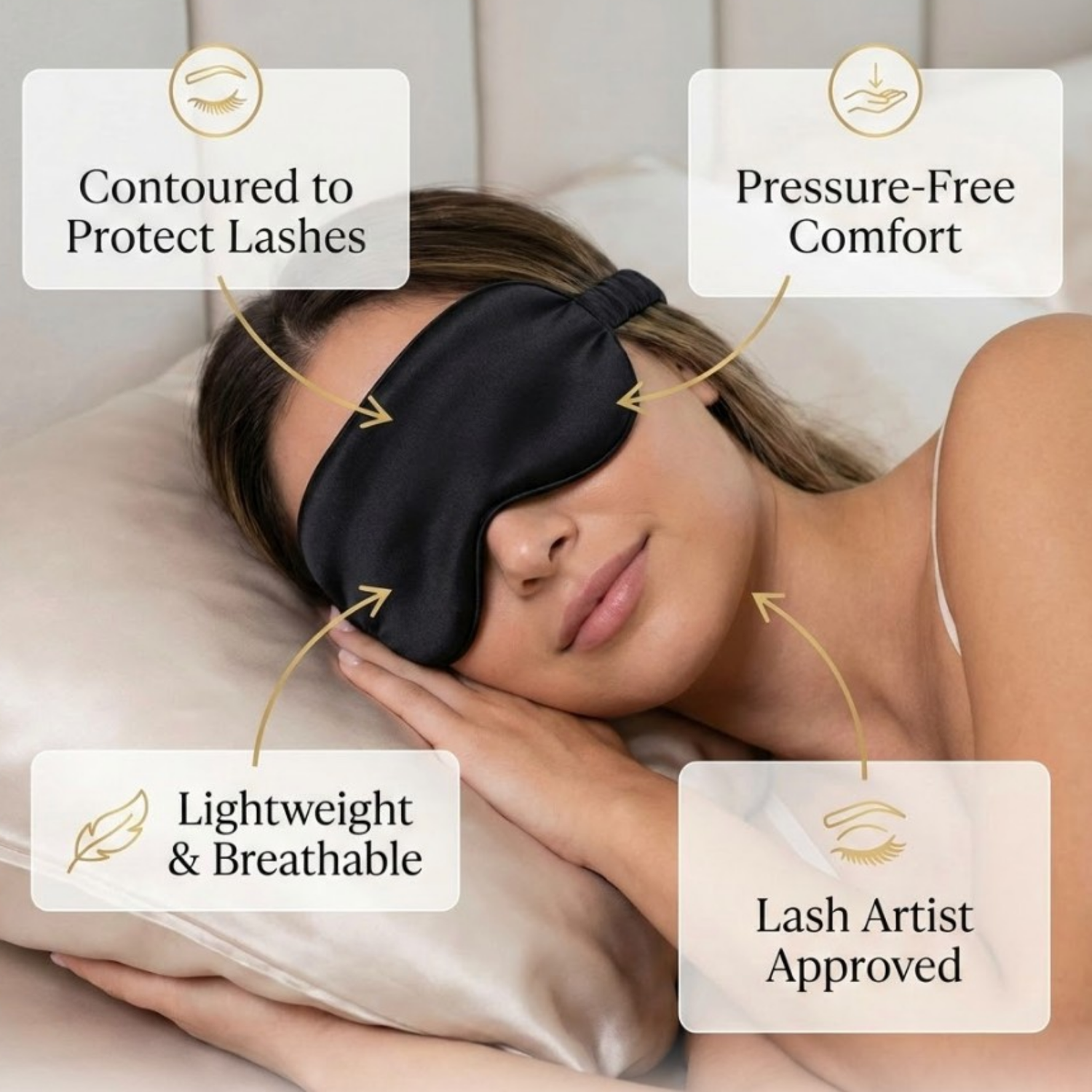 Woman wearing a black sleep mask with text highlighting features like &